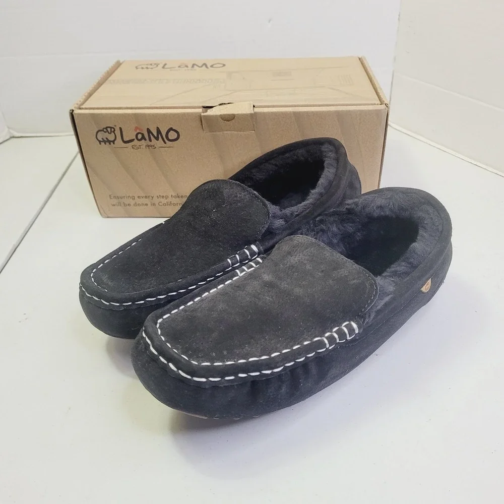 Lamo Men's Moccasin Slippers Size 11 Black Suede Faux Fur Lined House Shoes